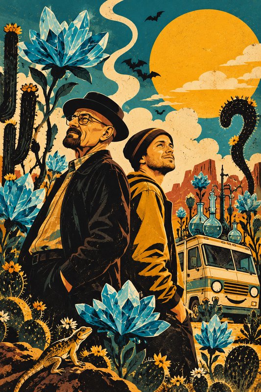 Surreal illustrated fan art of Walter White and Jesse Pinkman standing back to back in a fantasy ...