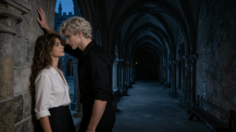 Charged romantic moment between a couple standing face to face in a vaulted gothic castle corrido...