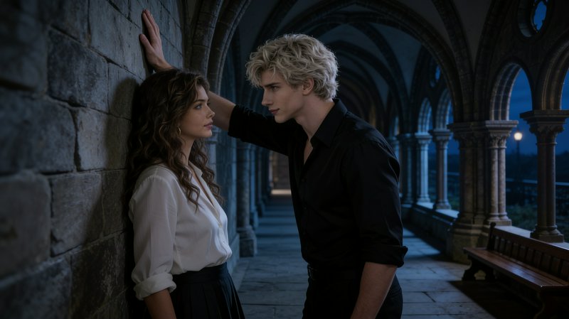 Intense romantic couple face to face in a gothic stone castle corridor at night, man framing the ...