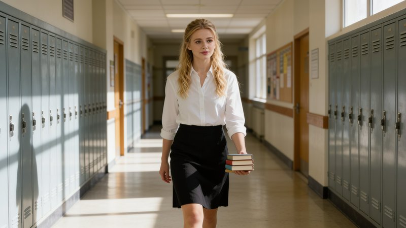 Young blonde female student walks down sunlit high school hallway holding a stack of books beside...