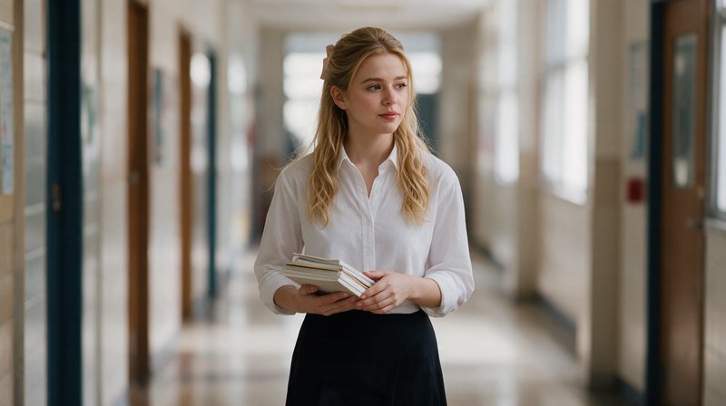 Thoughtful blonde teenage student holding a stack of books while standing in a sunlit school hallway.