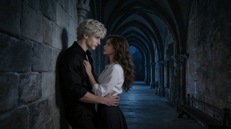 Intimate young couple standing face to face in a dark vaulted gothic castle hallway at night