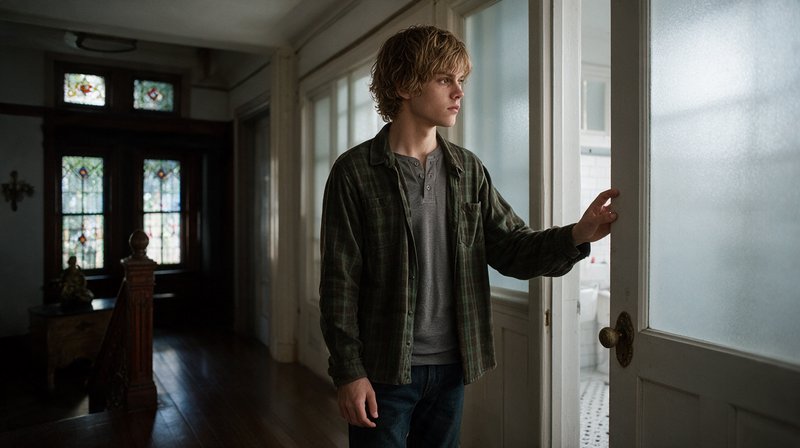 Young pensive man holds a frosted glass door while standing in a vintage home hallway