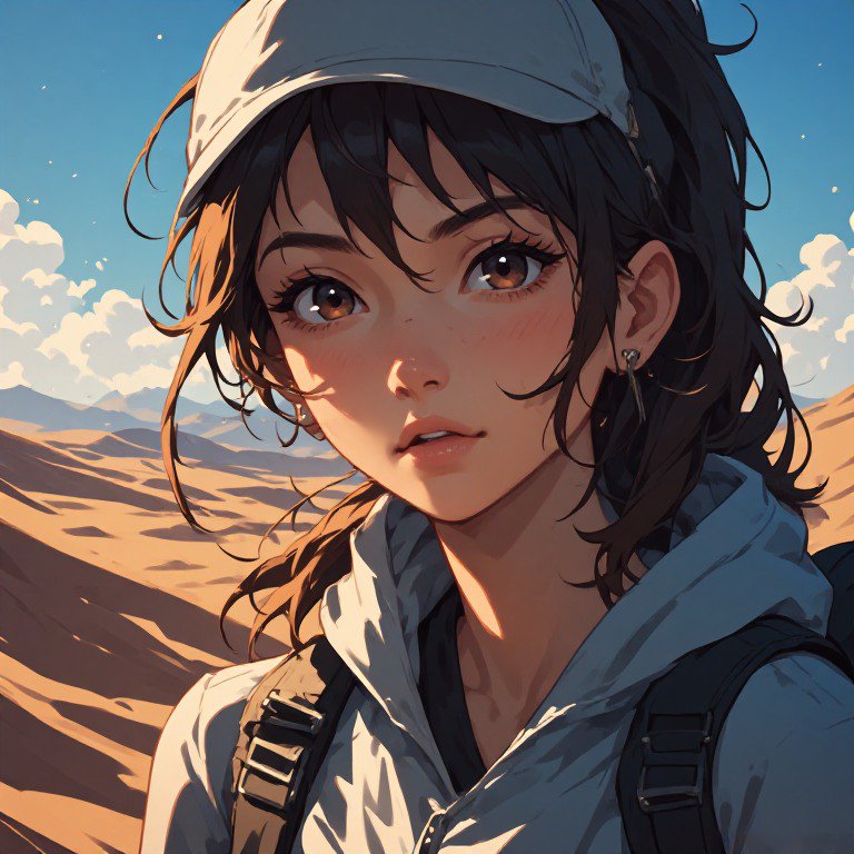 Anime-style portrait of a girl in desert with a headband, backpack, and light jacket under a blue...