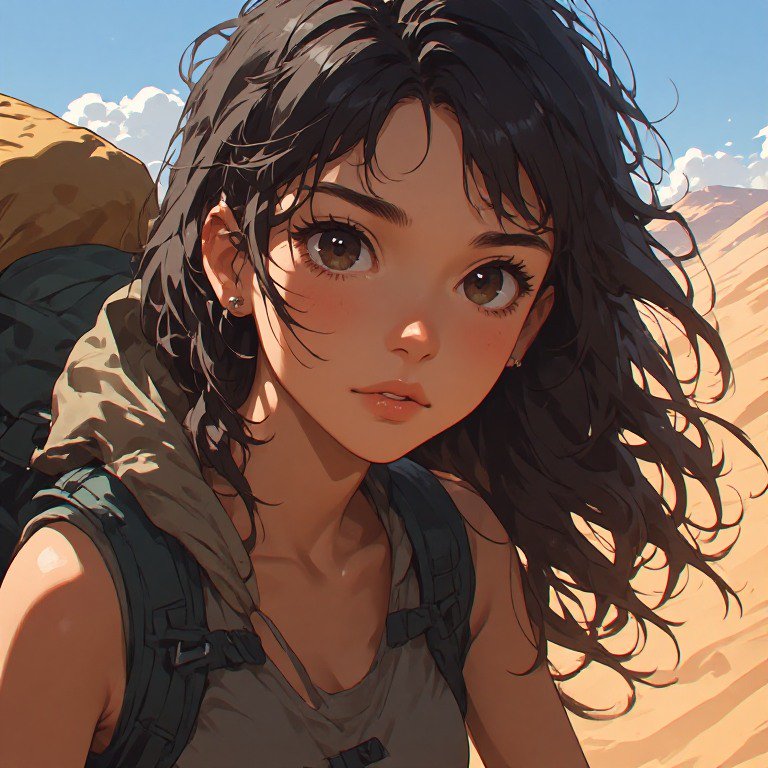 Anime-style girl with dark hair and backpack in desert dunes