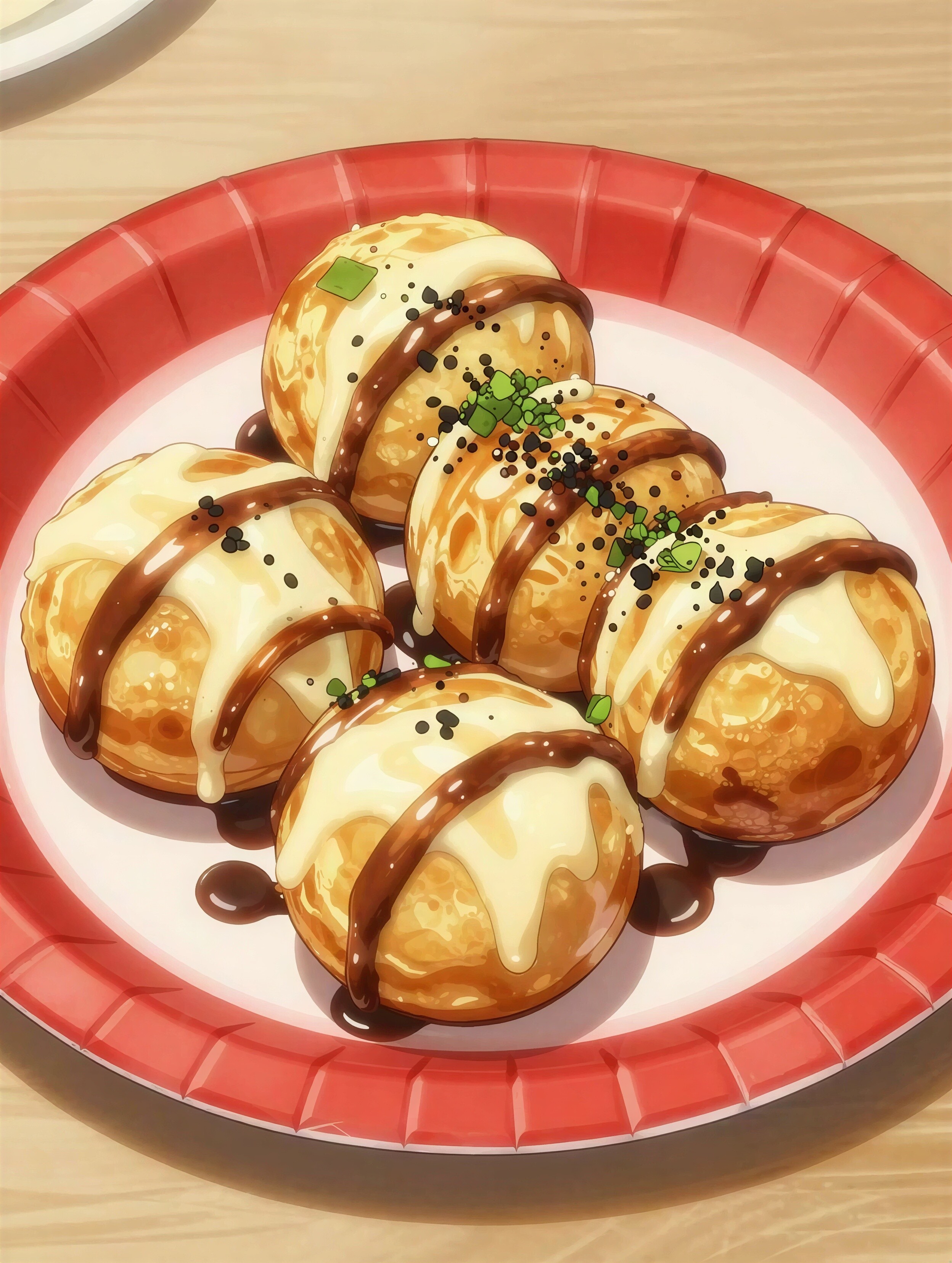 Plate of five takoyaki-style balls topped with mayo, brown sauce, sesame, and green onions.