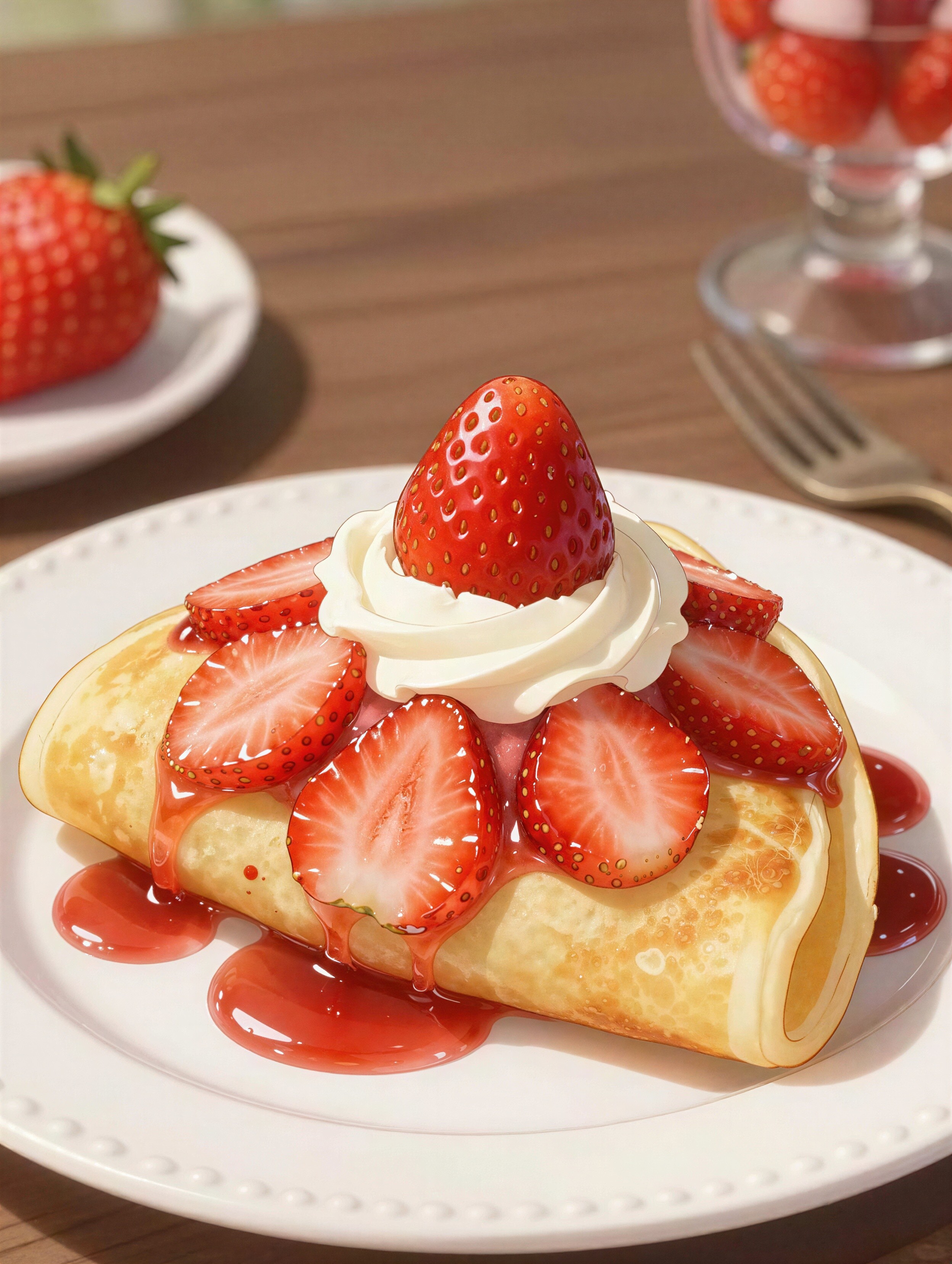 Crepe cake topped with whipped cream and sliced strawberries on a white plate