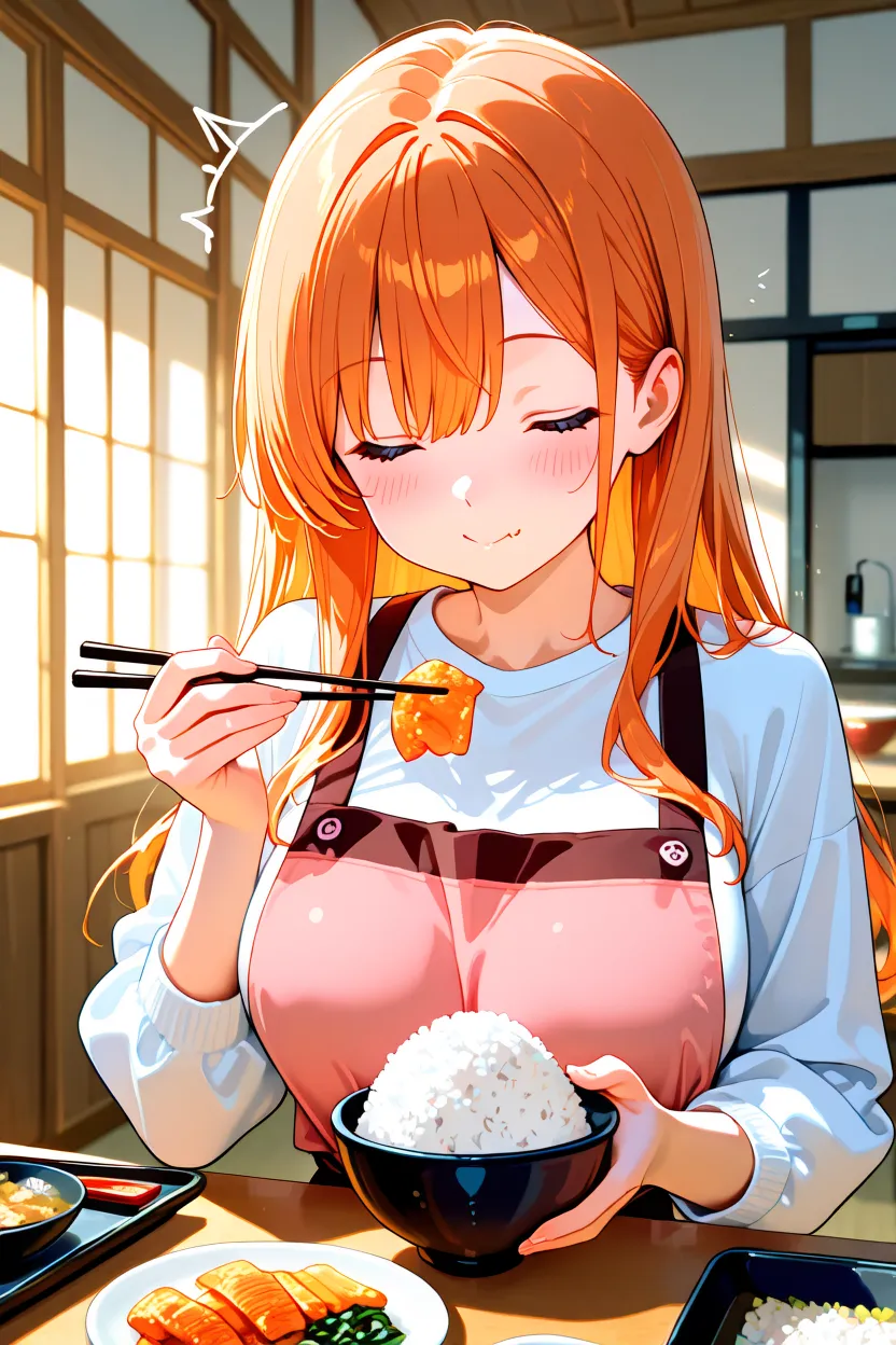 Anime-style girl with orange hair in a pink apron savoring a bite with chopsticks over a bowl of rice.