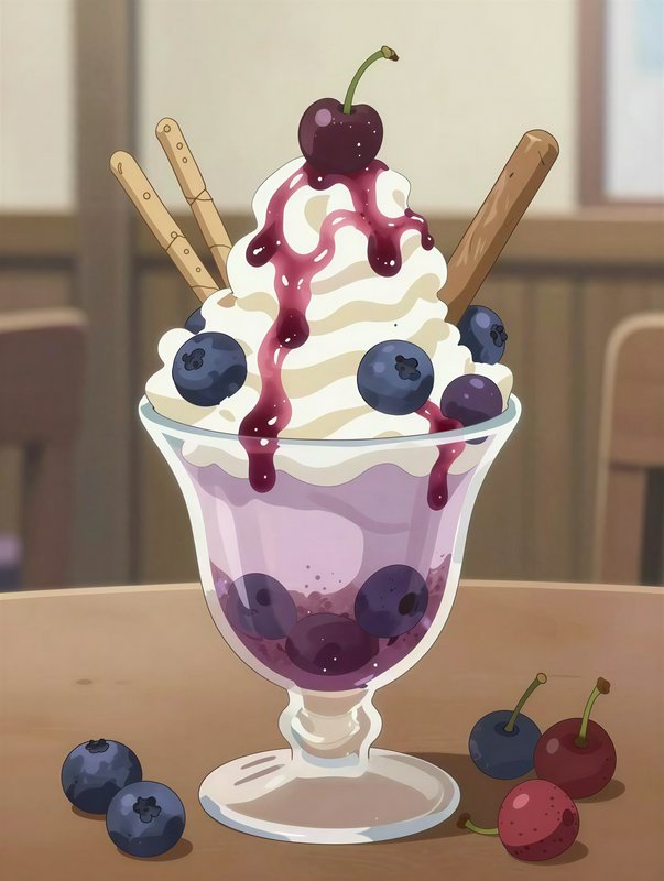 Blueberry parfait in a glass with whipped cream, chocolate drizzle, cherries, and wafer sticks.