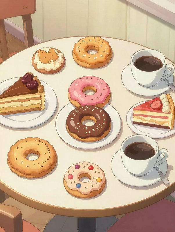 Assorted donuts and pastry slices on a round table with cups of coffee in a cozy cafe.