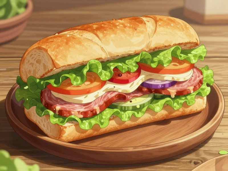 Cartoon-style sub sandwich on a wooden plate with lettuce, tomato, onion, cheese, and deli meat.