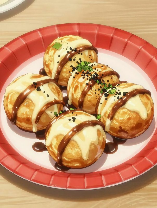 Plate of five takoyaki-style balls topped with mayo, brown sauce, sesame, and green onions.