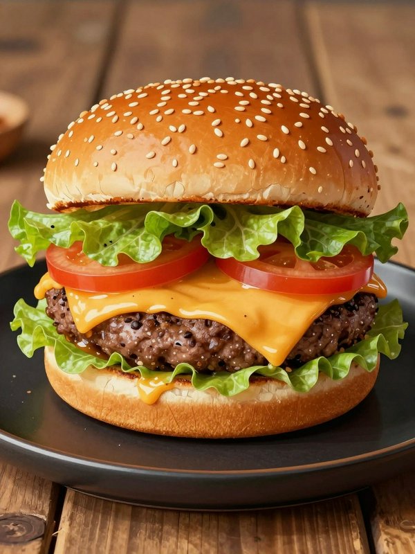 Juicy sesame-bun cheeseburger with lettuce, tomato, and melted cheddar on a dark plate.