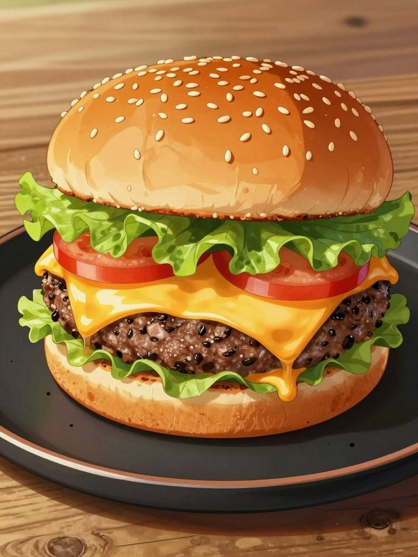 Juicy sesame bun cheeseburger with lettuce, tomato, and melted cheese on a plate