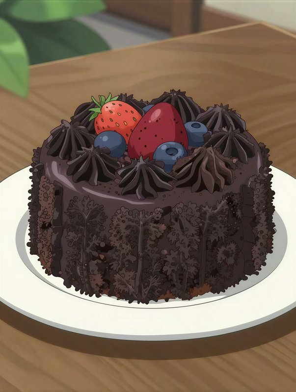 Chocolate cake with dark frosting and berries on top on a white plate.