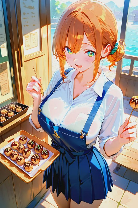 Anime-style girl in a blue apron in a bakery, holding a pastry on a stick and a tray of sweets.