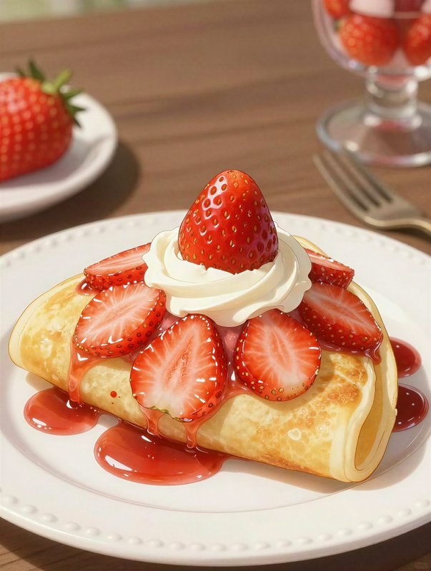 Crepe cake topped with whipped cream and sliced strawberries on a white plate