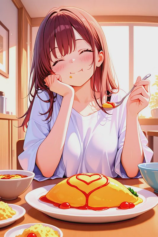 Smiling anime girl in a bright kitchen enjoys heart-shaped ketchup on omurice.