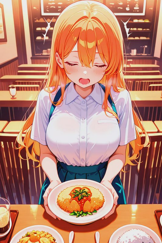 Anime-style girl with long orange hair in a white blouse holding a plate of golden fried dish in ...