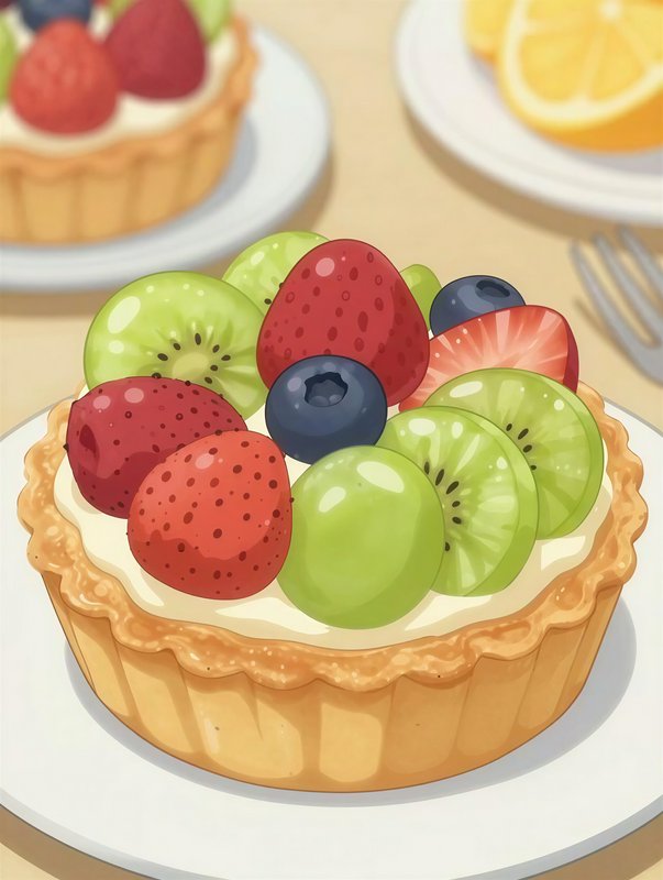 Colorful fruit tart with kiwi, strawberry, and blueberry slices on creamy filling