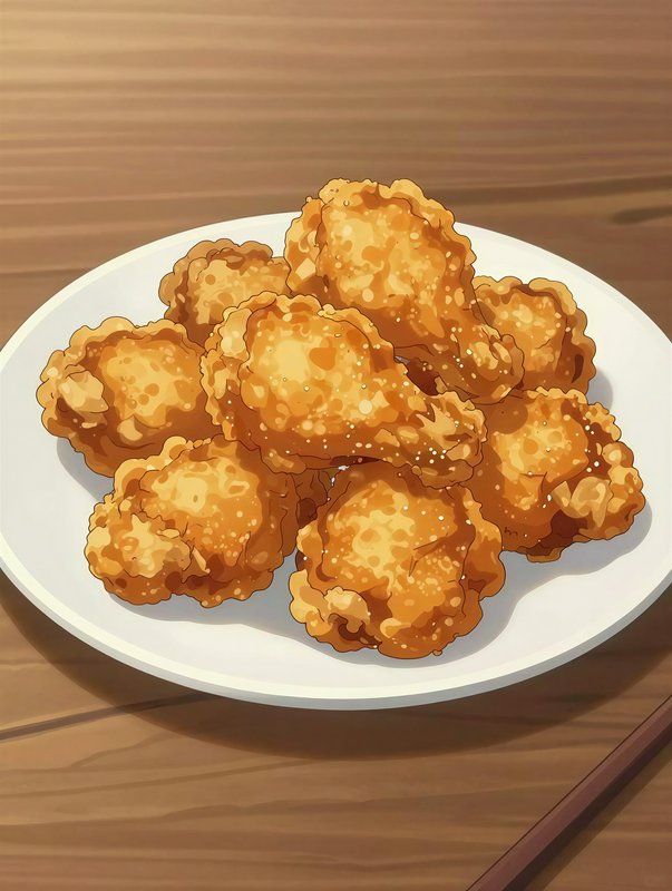 Plate of golden fried chicken bites piled on a white dish.