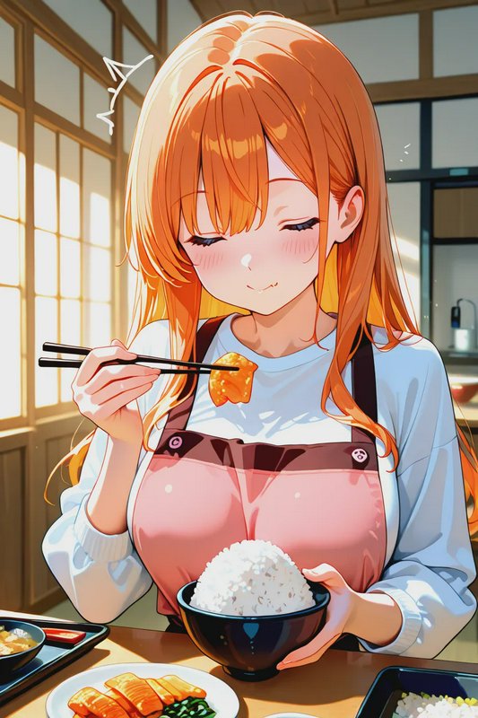 Anime-style girl with orange hair in a pink apron savoring a bite with chopsticks over a bowl of ...