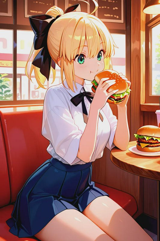 Anime-style blonde girl with a black bow eating a hamburger in a cozy cafe.