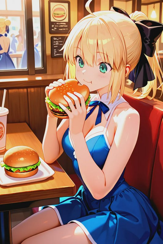 Anime-style blonde girl in a blue dress eating a hamburger in a diner.