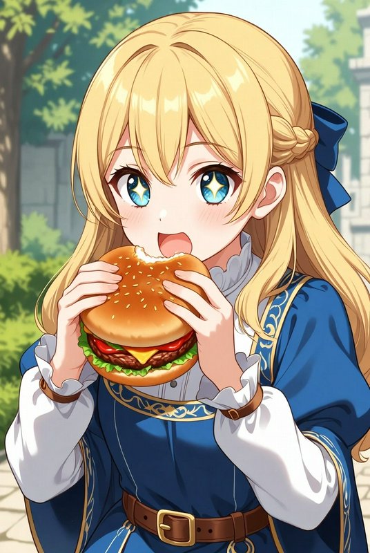 Anime-style blonde girl in a blue medieval dress excitedly eating a cheeseburger in a sunny, tree...