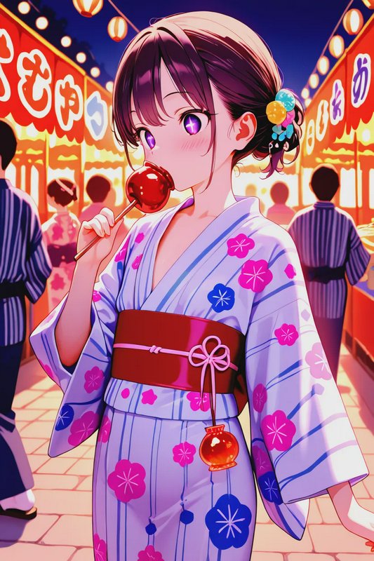 Anime girl in a floral yukata eating