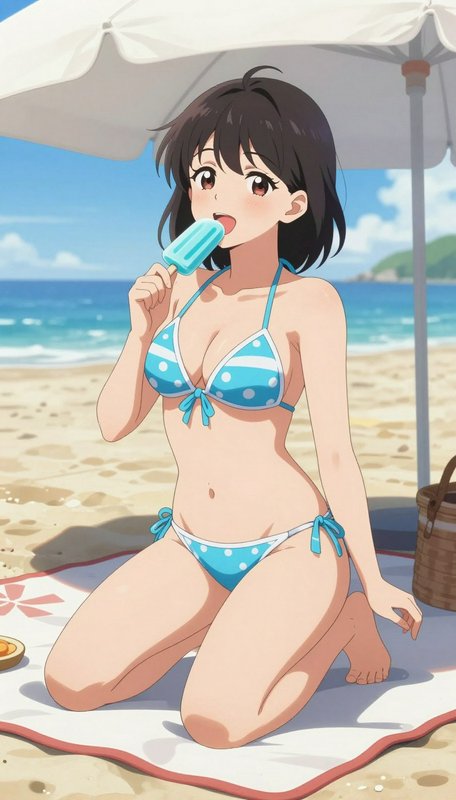 Anime girl in a blue polka dot bikini eats a blue popsicle while kneeling on a beach towel under ...