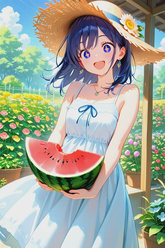 Anime girl with dark blue hair and a straw sun hat holds a partially eaten watermelon slice in a ...