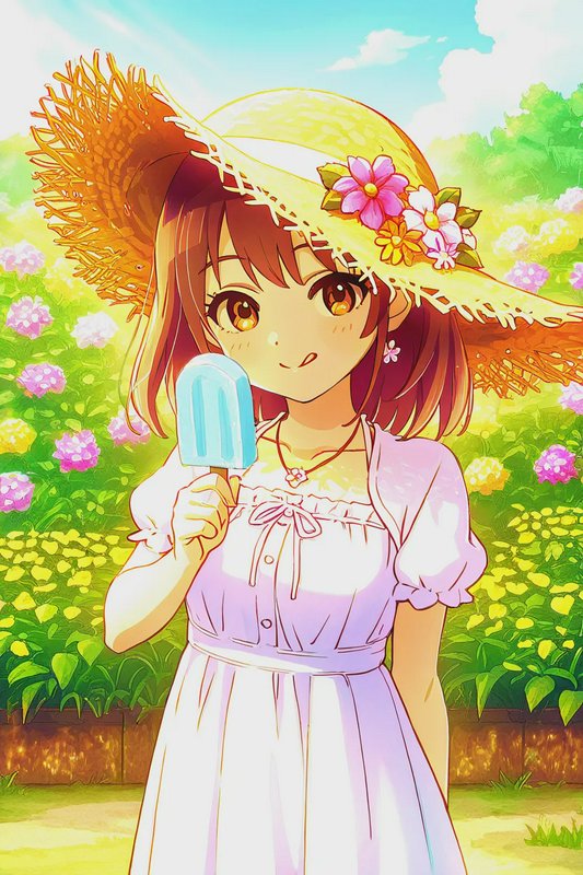 Anime girl in a floral straw sunhat holding a blue popsicle in a sunny, vibrant summer flower gar...