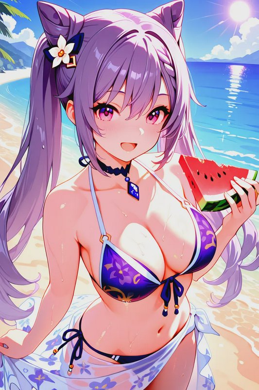 Anime Genshin Impact character Keqing in a purple bikini holds a watermelon slice at a sunny trop...