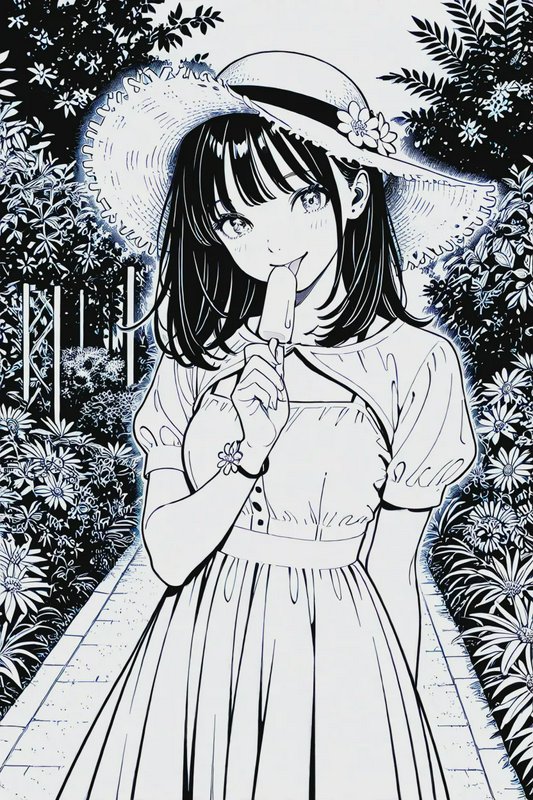 Black and white manga-style anime girl in a sunhat licking a popsicle, standing on a flower-lined...