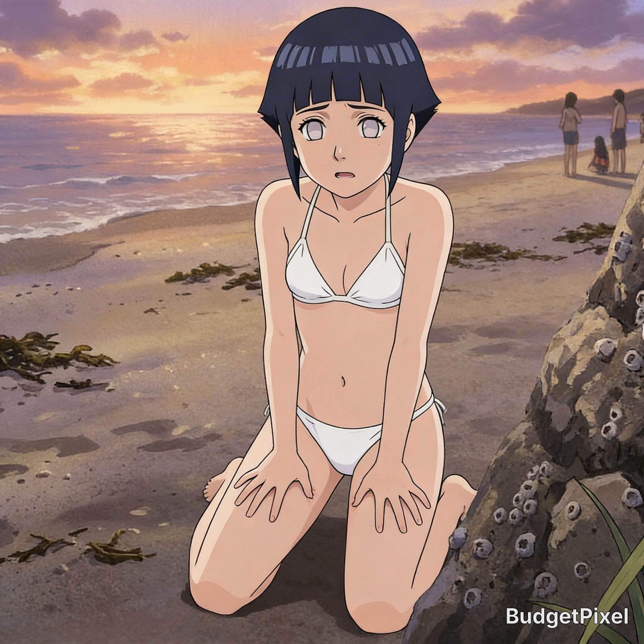 Anime girl in a white bikini kneels on a sandy beach at sunset.