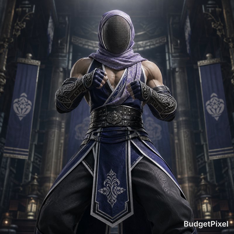 Armored ninja warrior with a mesh face helmet in a regal purple outfit in a grand arena