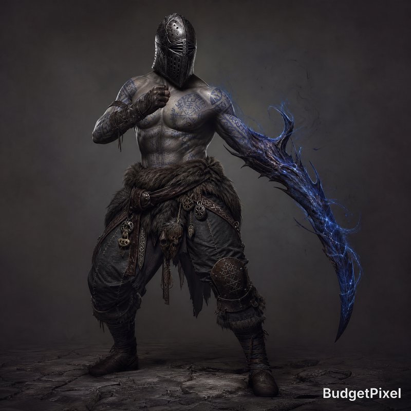 Dark armored warrior with helmet, fur belt, and a blue glowing curved blade.