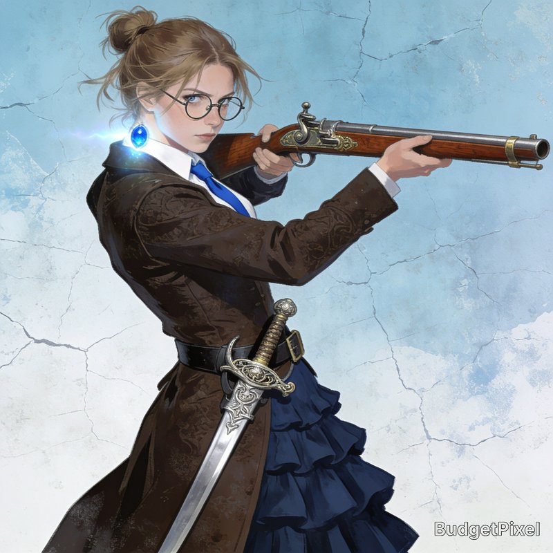 Steampunk woman with round glasses aims a vintage flintlock rifle, glowing blue pendant and ornat...