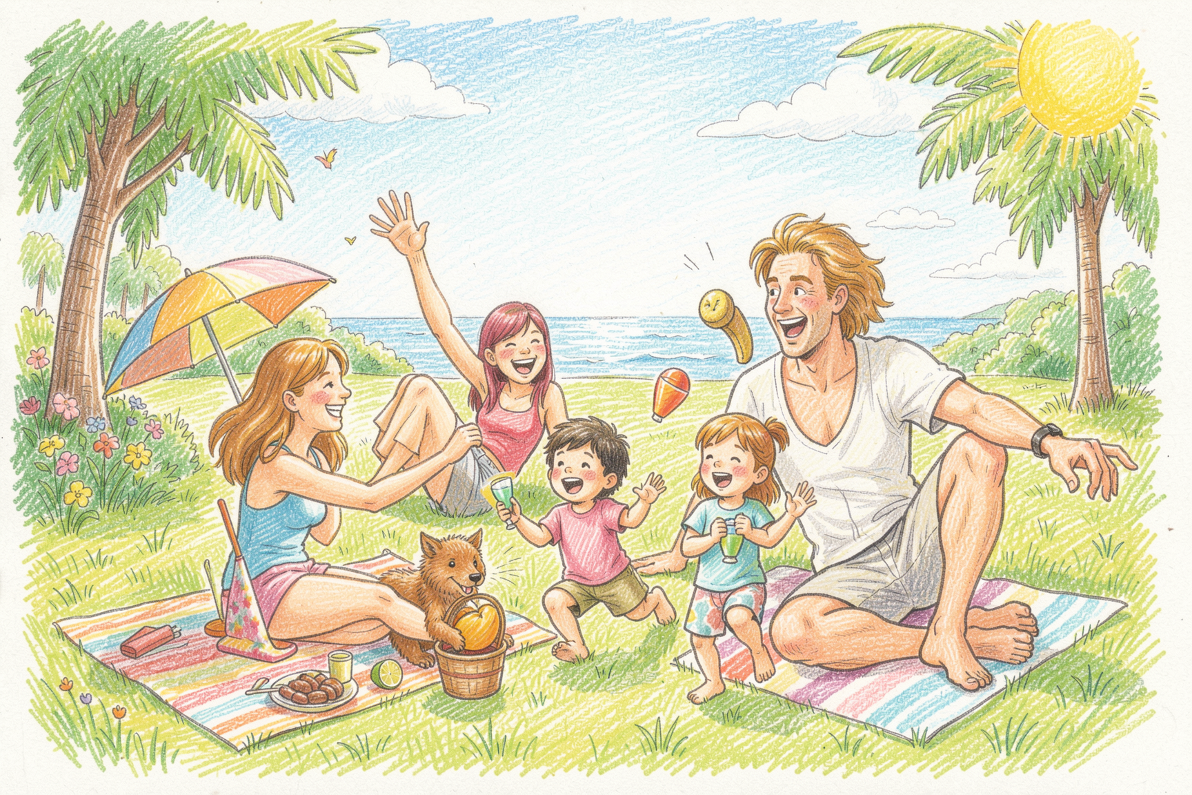 Colored pencil illustration of a joyful family and pet dog laughing and playing during a sunny coastal oceanfront picnic.