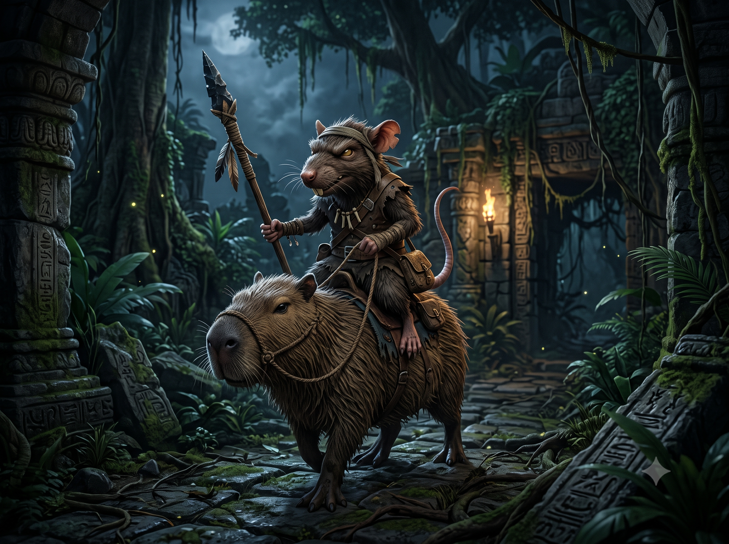 Anthropomorphic rat warrior holding a spear rides a capybara through moonlit overgrown ancient jungle temple ruins.