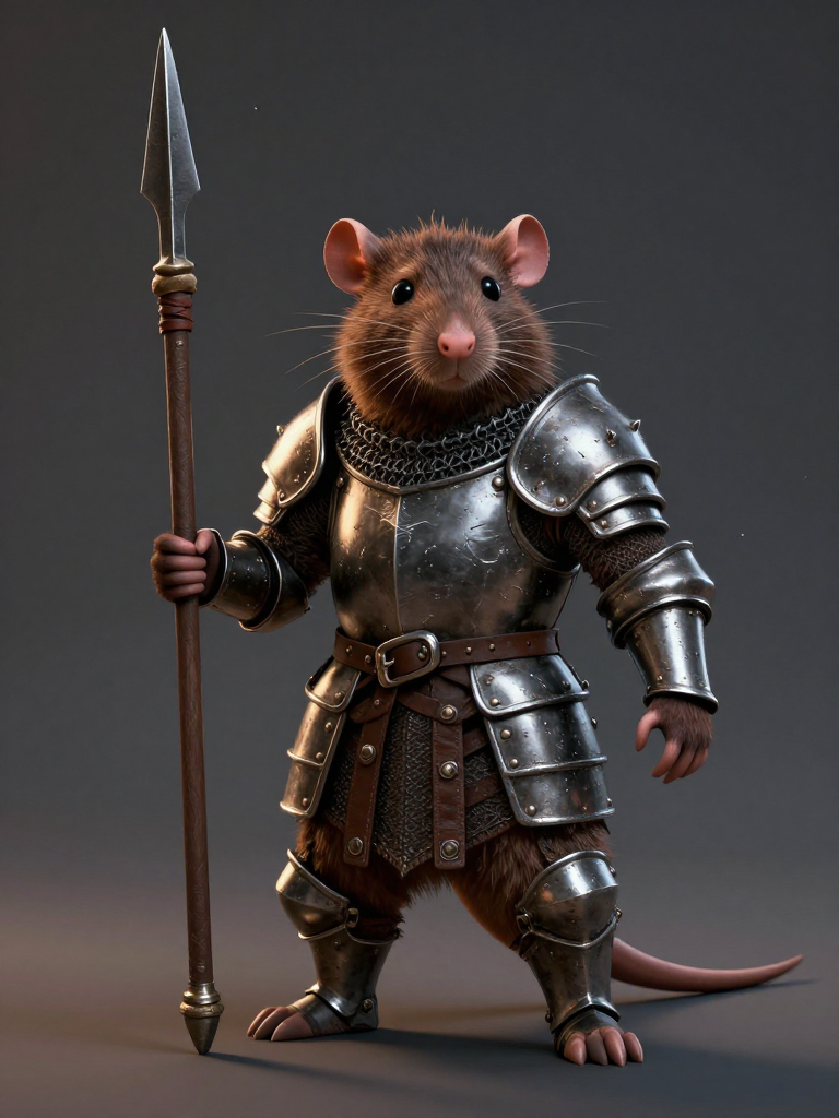 Anthropomorphic brown rat knight in steel armor holding a spear, standing against a plain dark studio background.
