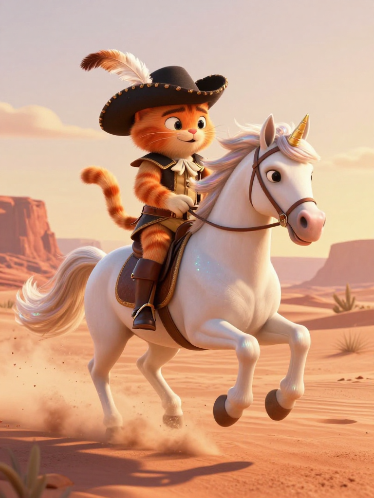 Cute 3D animated orange tabby musketeer cat riding a prancing white unicorn across a sunlit desert.