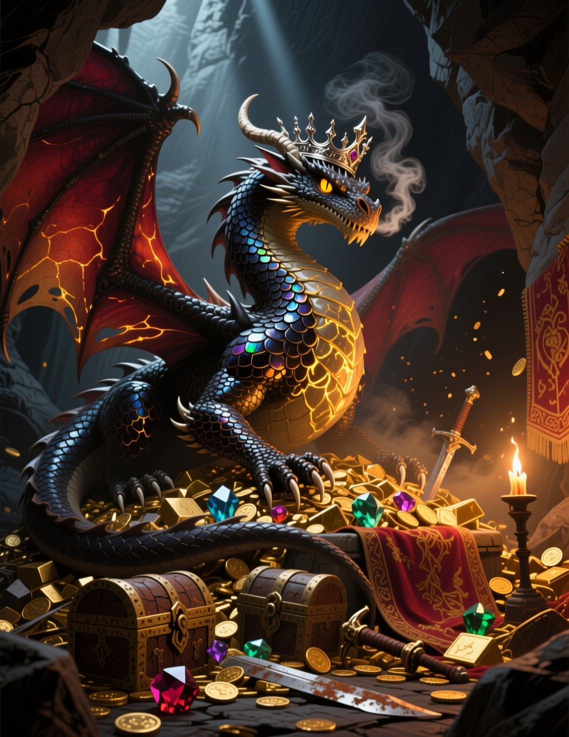 [Crowned fantasy dragon guards a massive treasure hoard inside a rocky cave, with glowing iridescent scales and crackled r...