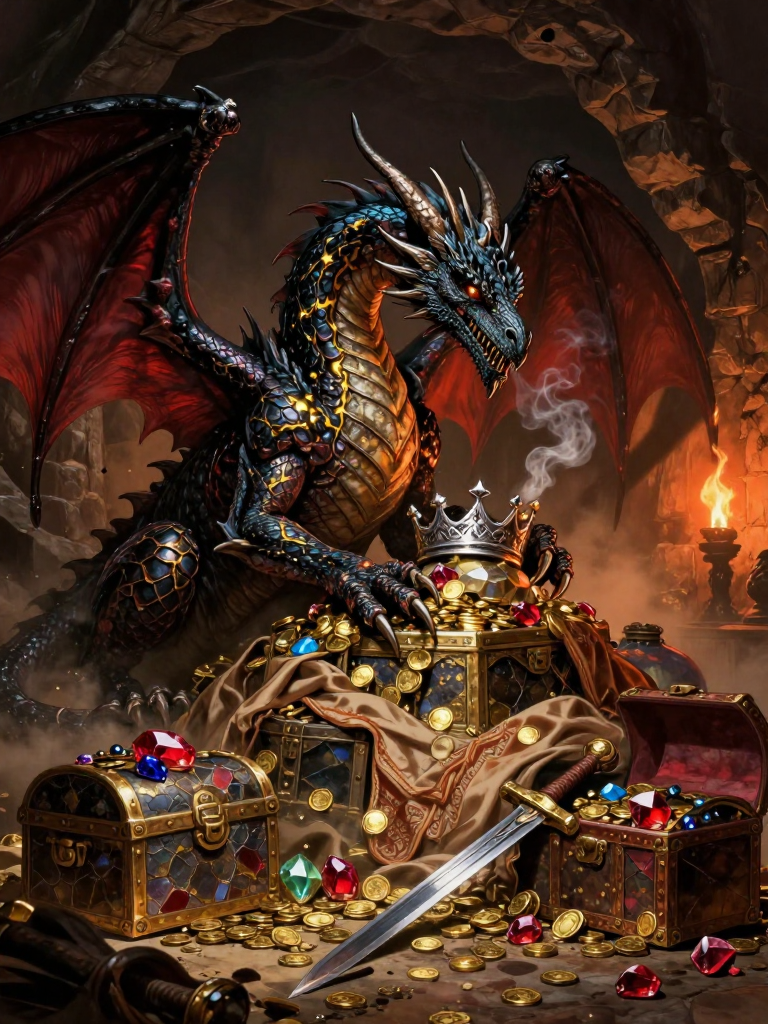 Armored black fantasy dragon guards a hoard of gold, gems, and treasure in a torchlit stone cave lair