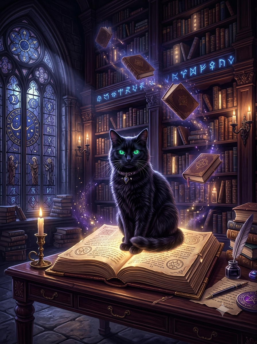 Black cat familiar with glowing green eyes sits on an open spellbook in a magical gothic wizard library with floating ench...