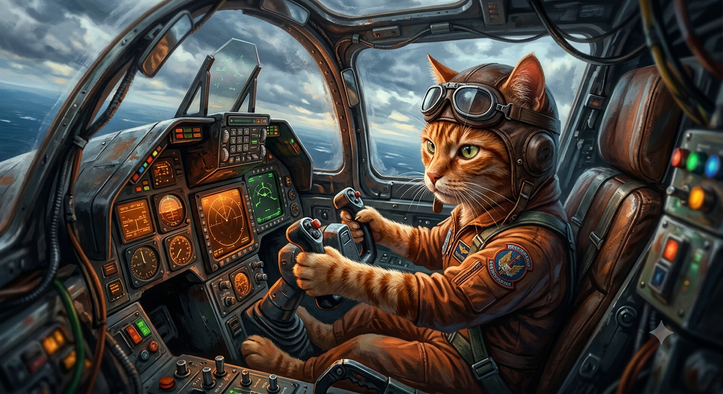 Ginger tabby cat wearing pilot gear flies an aircraft from a detailed cockpit over a cloudy ocean