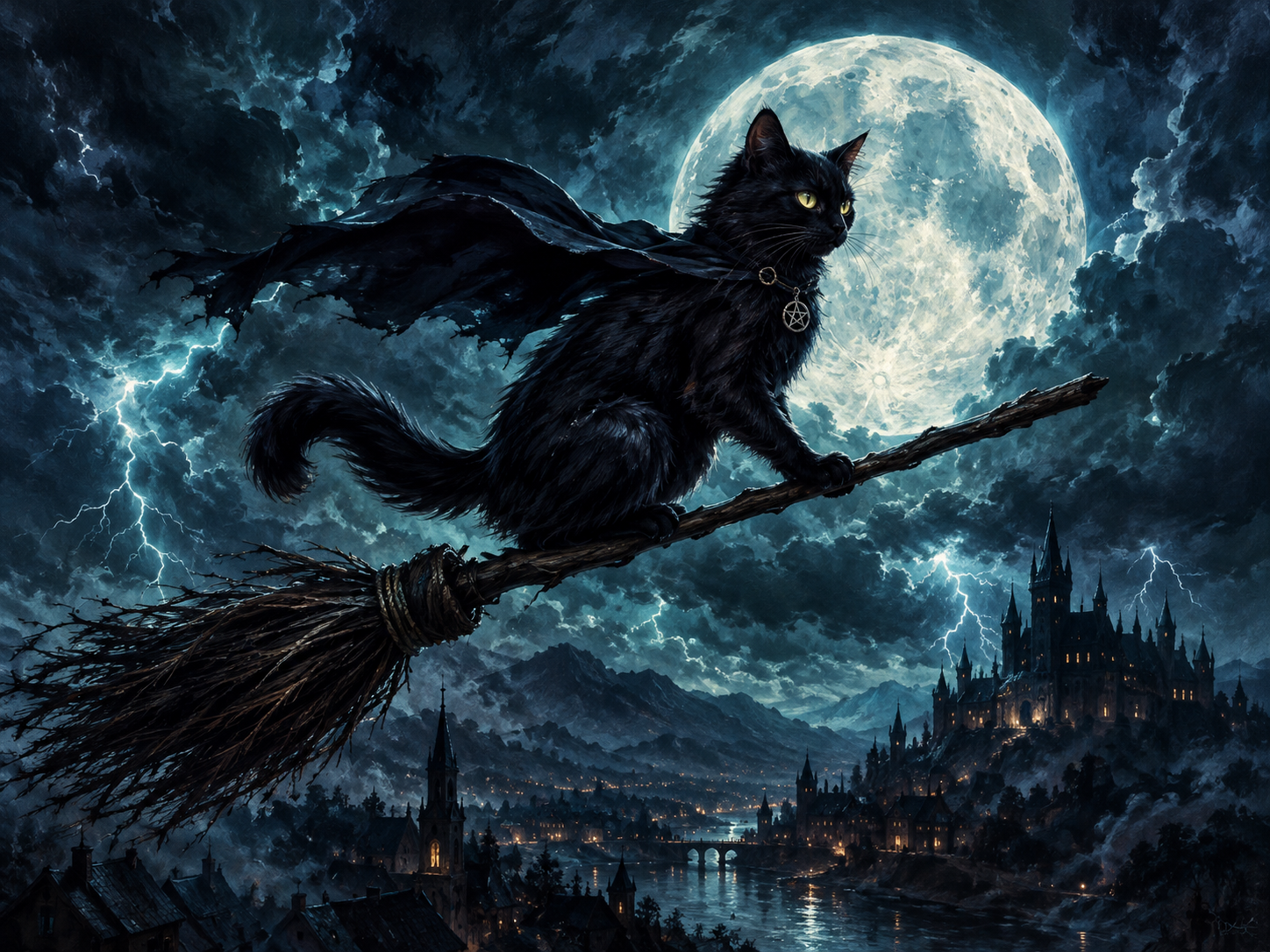 Black witch cat with a pentagram necklace flies on a broomstick beneath a giant full moon over a gothic town