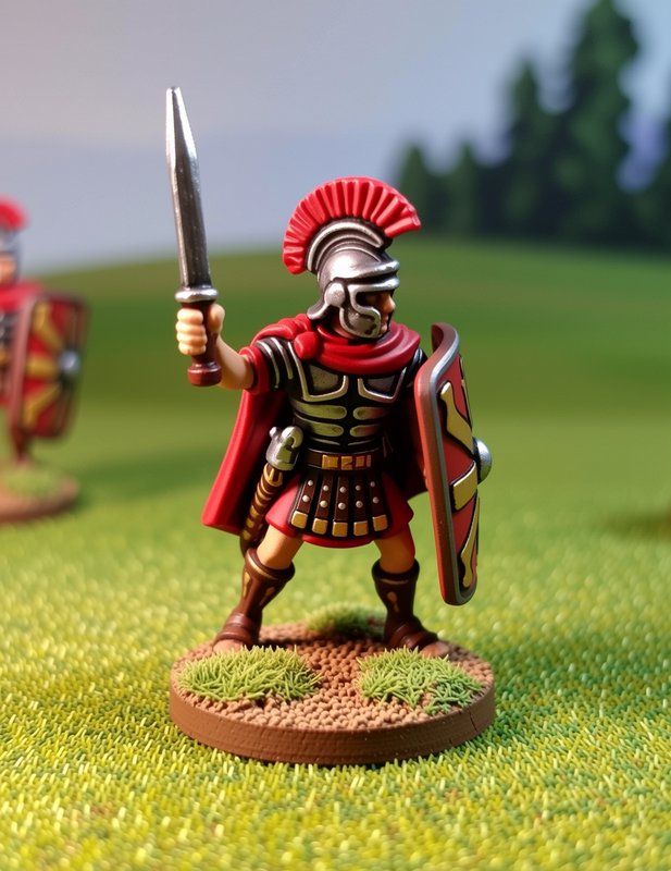 Miniature Roman legionary toy figure with sword and shield on grassy base