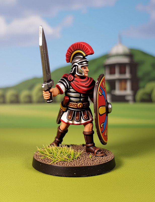 Miniature Roman legionary figurine with sword and shield on grassy base.